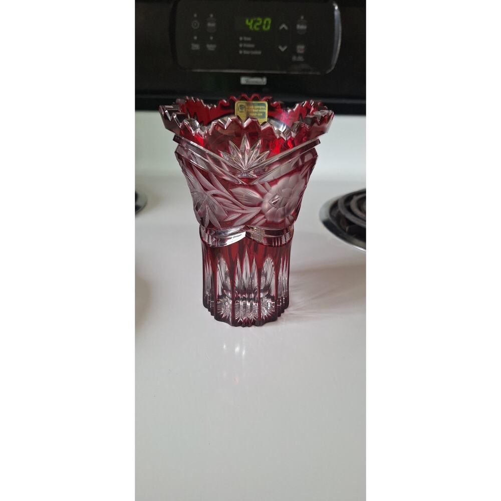 Vintage Bohemian Czech Ruby Red Leaded Glass Crystal Cut to Clear Vase 6 Inches